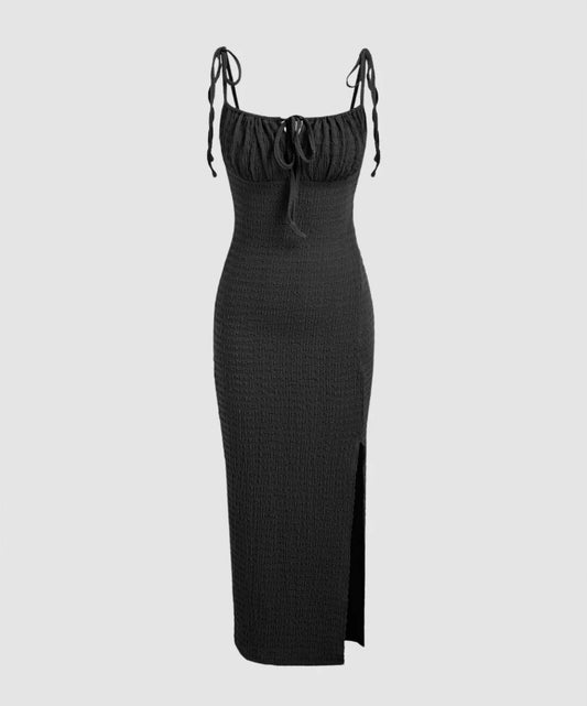 Square Neck Solid Midi Dress In Black