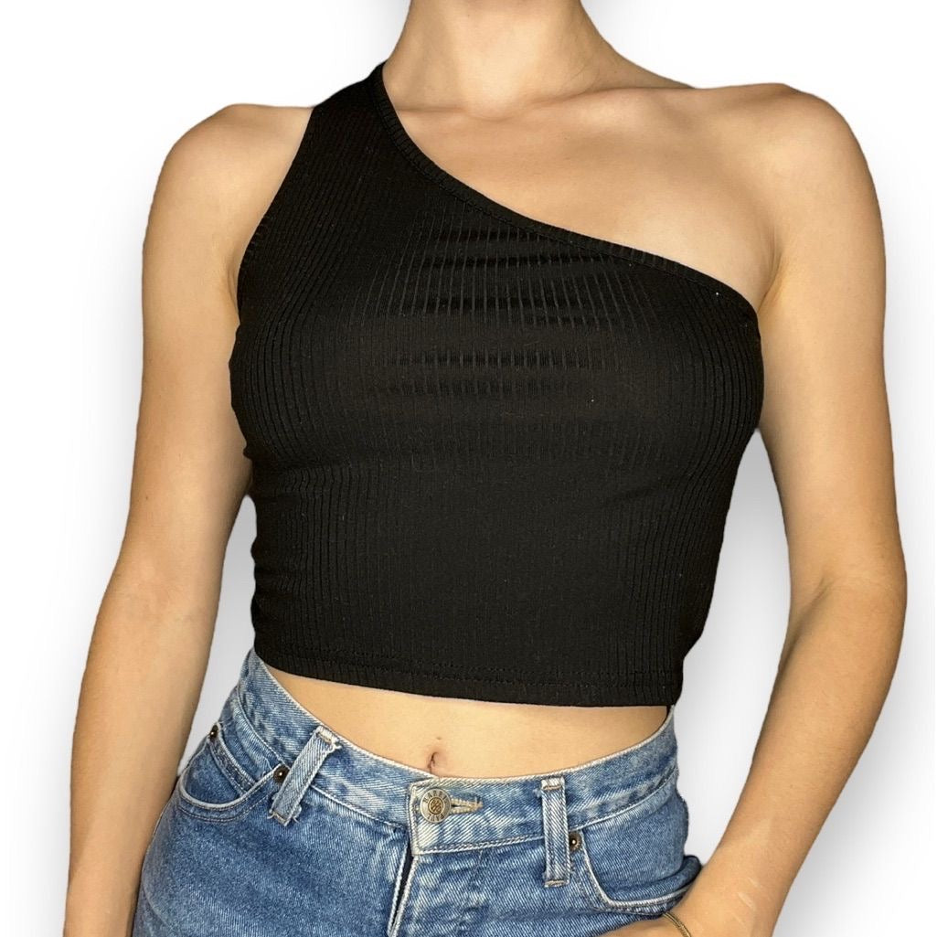 Black one shoulder crop top