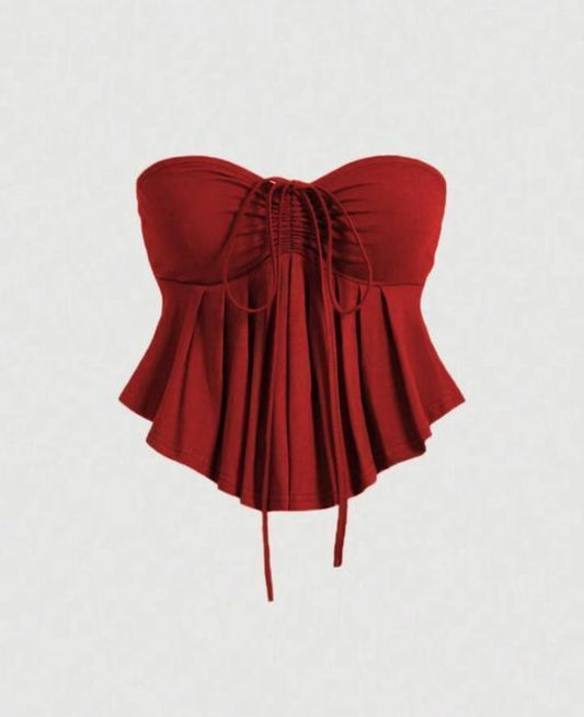 Asymmetric Off-shoulder red ruffle tube top