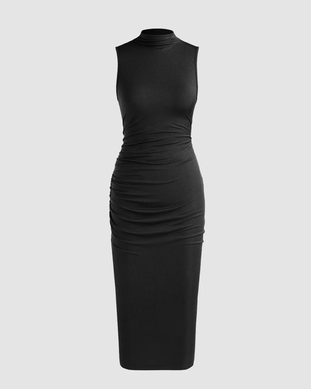 Slim Fit High Neck Ribbed Midi Dress In Black