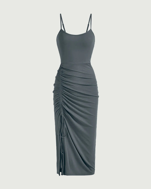 Solid Color Ruched Drawstring Midi Dress In Grey