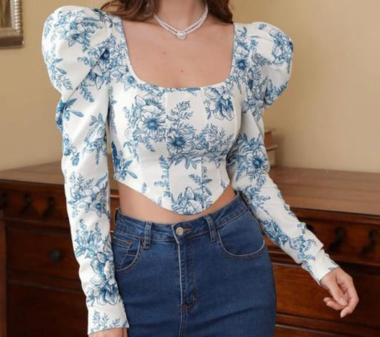 Puff-sleeve floral print top